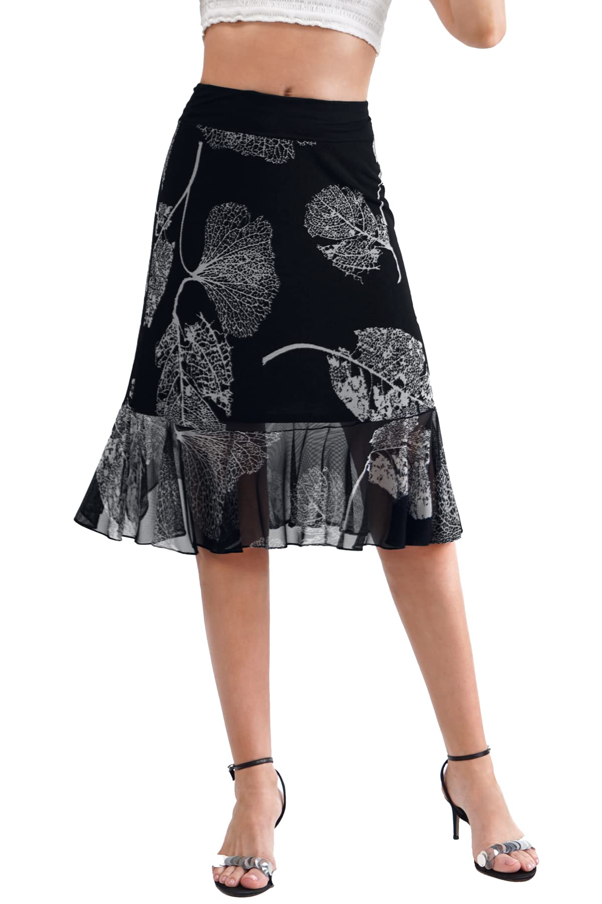 BAISHENGGT Black Leaves Womens Summer High Waisted Ruched Mesh Skirt Floral Layers Ruffled Hem Flowy Swing Midi Skirts