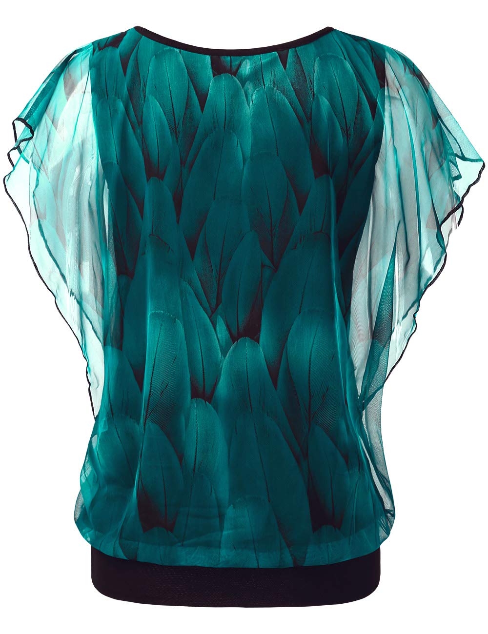 BAISHENGGT Peacock Blue Women's Printed Flouncing Flared Short Sleeve Mesh Blouse Tops
