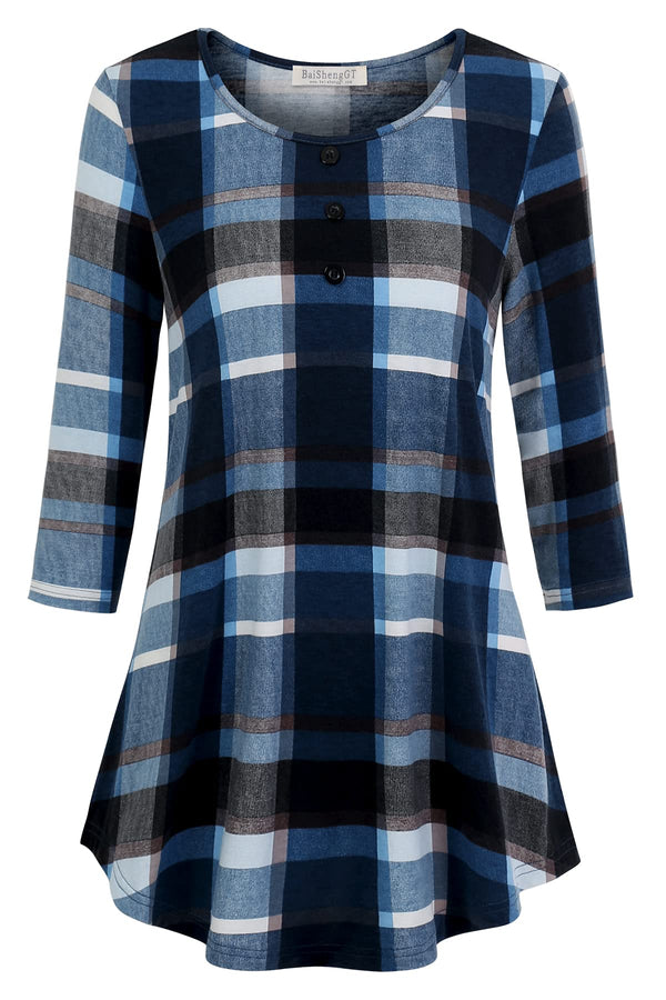 BAISHENGGT Blue Plaid Flat Front Women's O Neck A line Blouse Floral Lace Tunic Tops