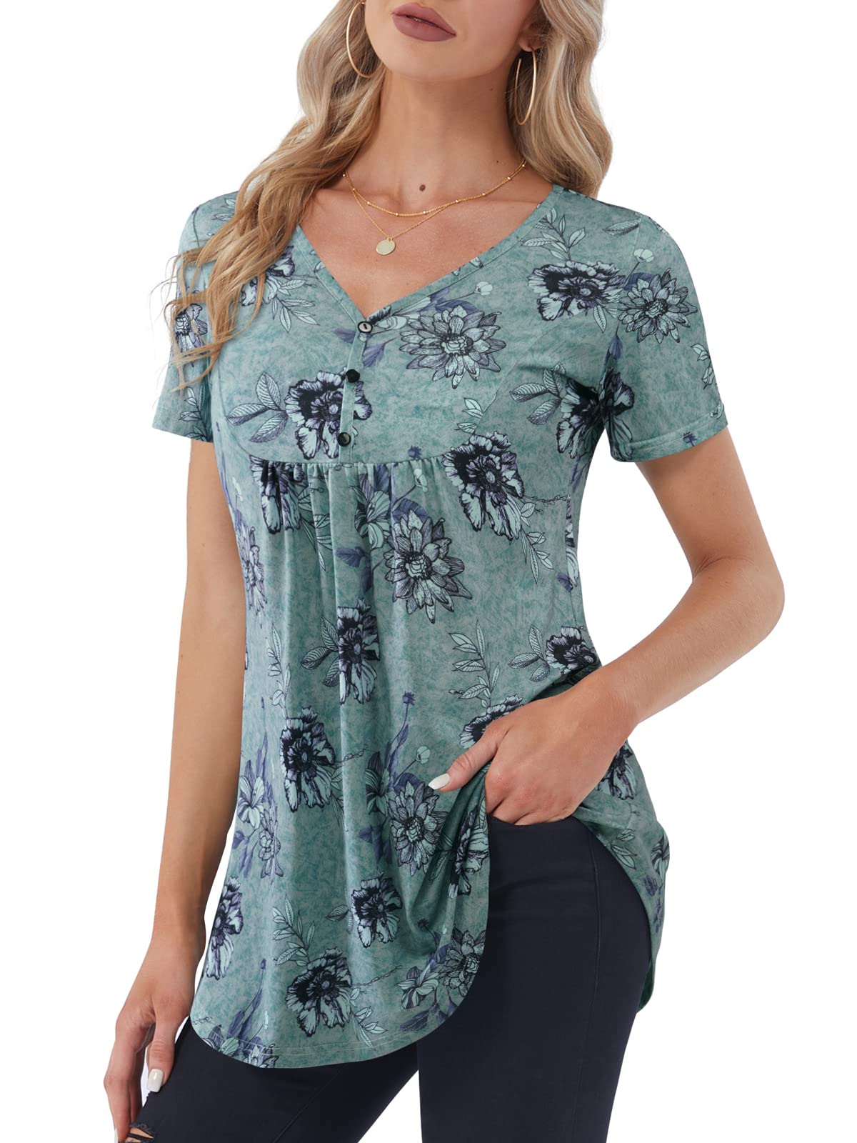 BAISHENGGT Women's Blue Floral Flowy Tunic Tops for Leggings Henley V Neck Short Sleeve Shirts Casual Ruched Blouses