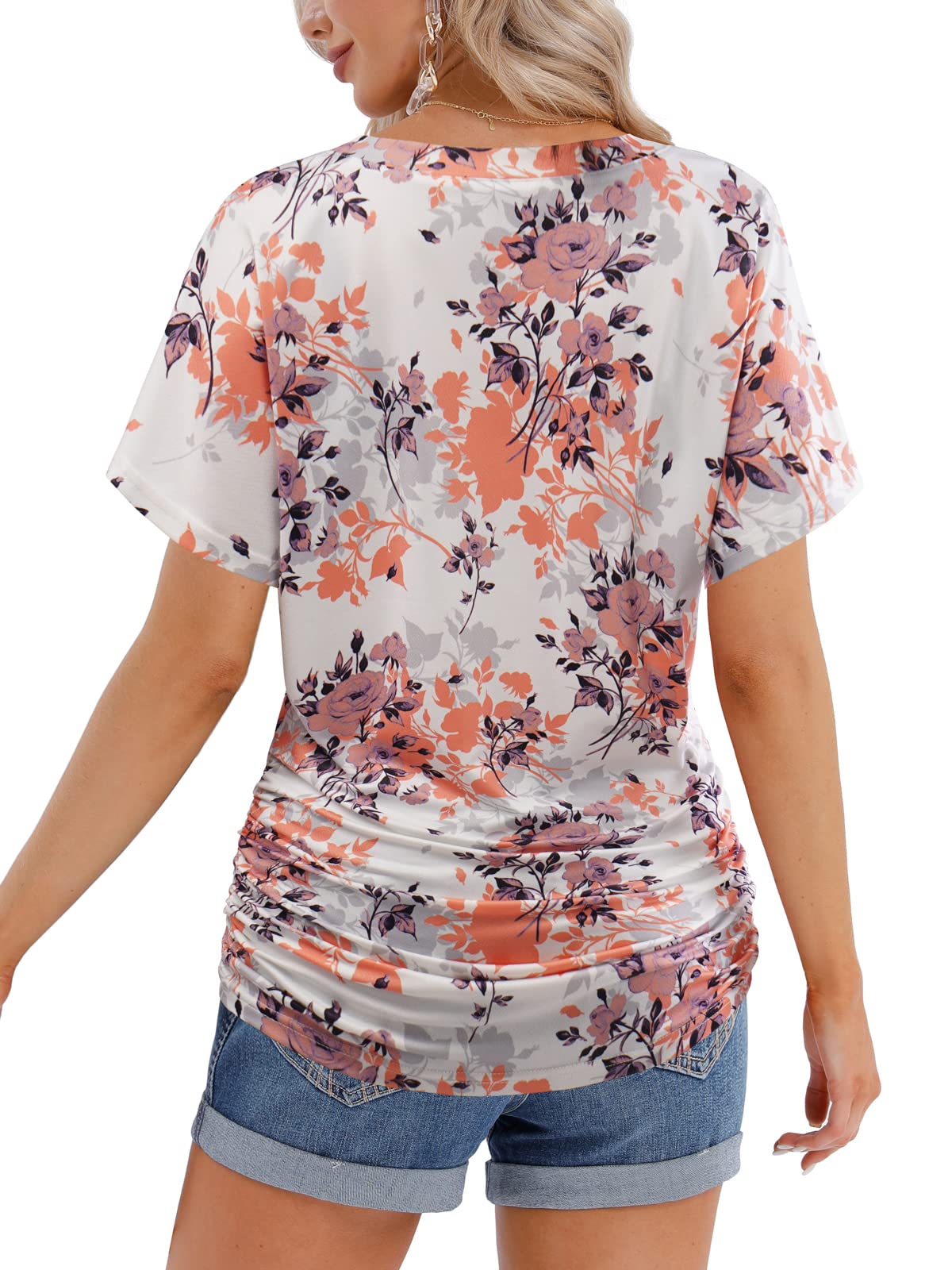 BAISHENGGT Orange Floral Women's Summer V Neck Short Sleeve T Shirts Floral Casual Dolman Tunic Tops with Side Shirring