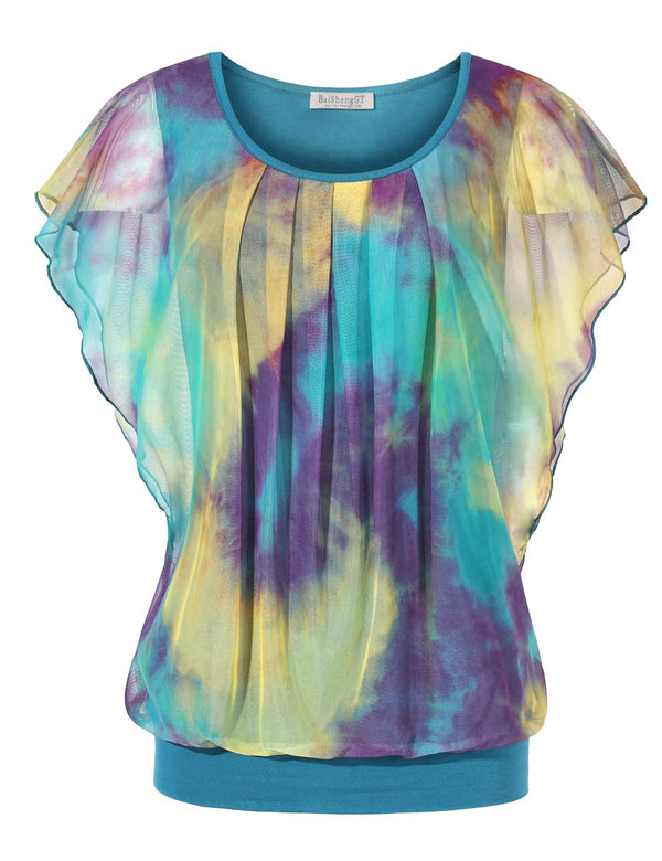 BAISHENGGT Turquoise Tie Dye Women's Printed Flouncing Flared Short Sleeve Mesh Blouse Tops