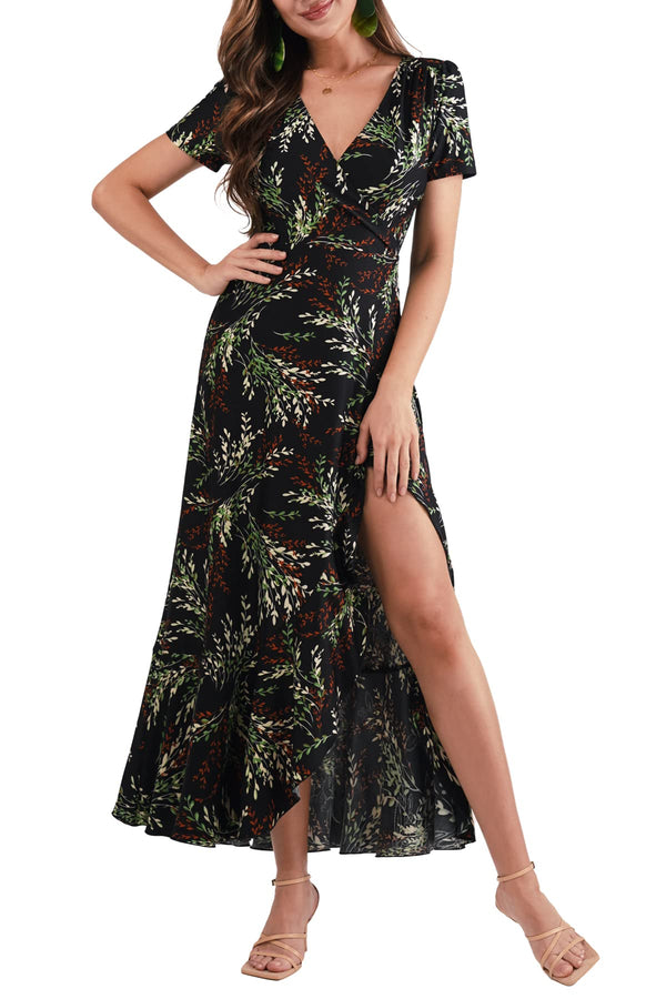 BAISHENGGT Womens Summer Short Sleeve Wrap V Neck Dress Black Floral Print Ruffle Hem Bohemian Flowy Long Maxi Dresses