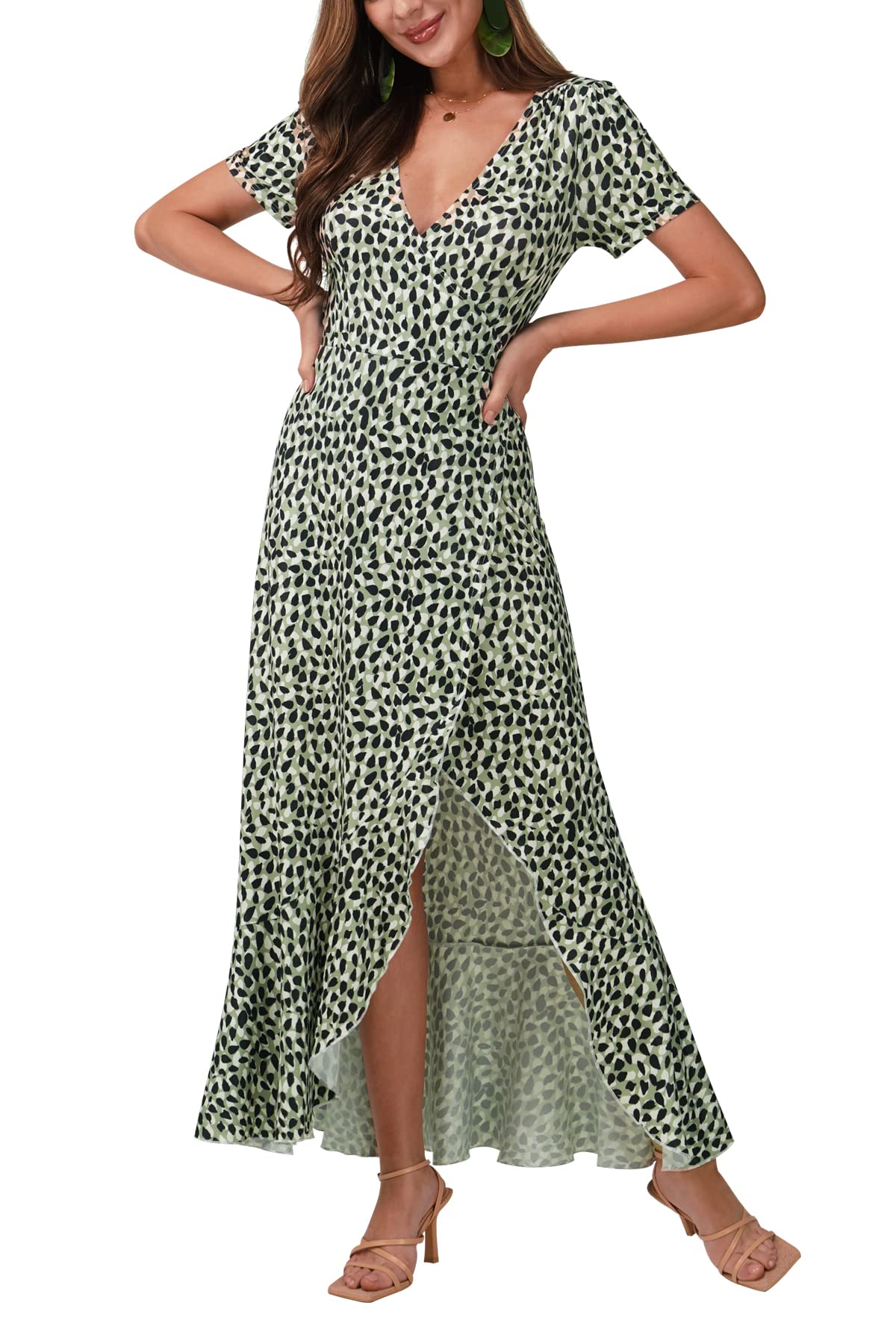 BAISHENGGT Womens Summer Short Sleeve Wrap V Neck Dress Green Petaloid Print Ruffle Hem Bohemian Flowy Long Maxi Dresses