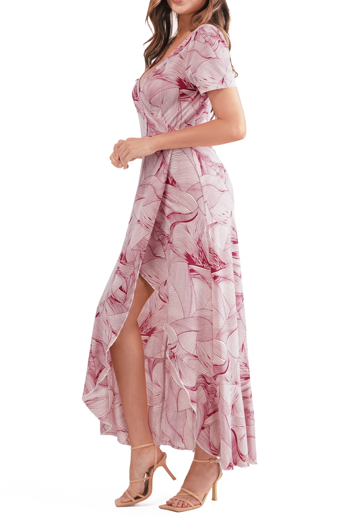 BAISHENGGT Womens Summer Short Sleeve Wrap V Neck Dress Pink Floral Print Ruffle Hem Bohemian Flowy Long Maxi Dresses