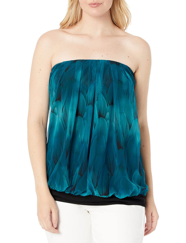 BAISHENGGT Peacock Blue Women's Sexy Sleeveless Mesh Blouse Pleated Tube Tops