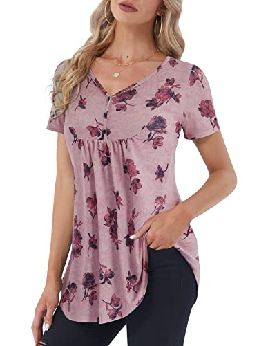 BAISHENGGT Women's Pink Floral Flowy Tunic Tops for Leggings Henley V Neck Short Sleeve Shirts Casual Ruched Blouses