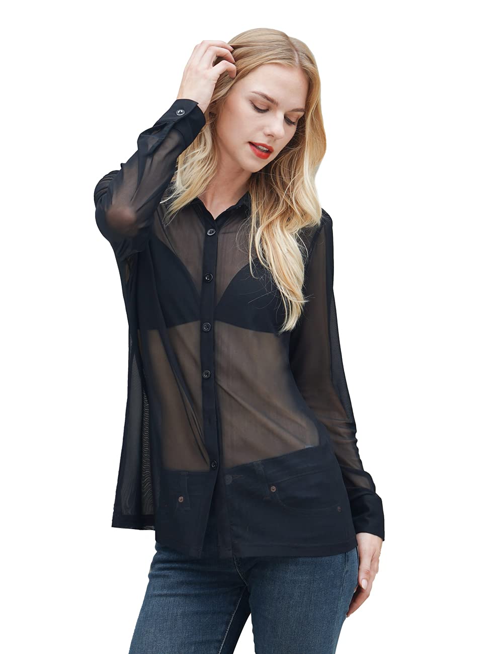 BAISHENGGT Solid Black Womens Sexy Mesh Sheer Tops Long Sleeve Button Down Shirts Blouses