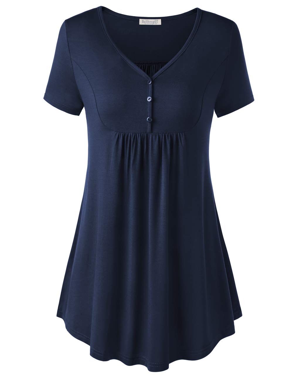 BAISHENGGT Women's Navy Blue V Neck Buttons Pleated Flared Comfy Tunic Tops