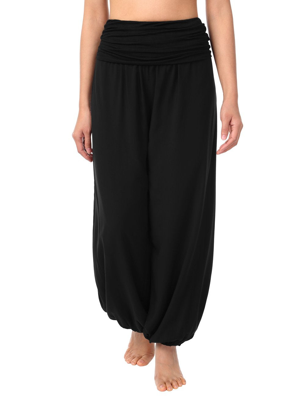 BAISHENGGT Women's Solid Black Floral Print Elastic Waist Harem Solid-black Pants