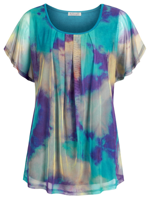 BAISHENGGT Womens Turquoise Tie Dye Flouncing Flared Short Sleeve Pleated Front Mesh Blouses Tops