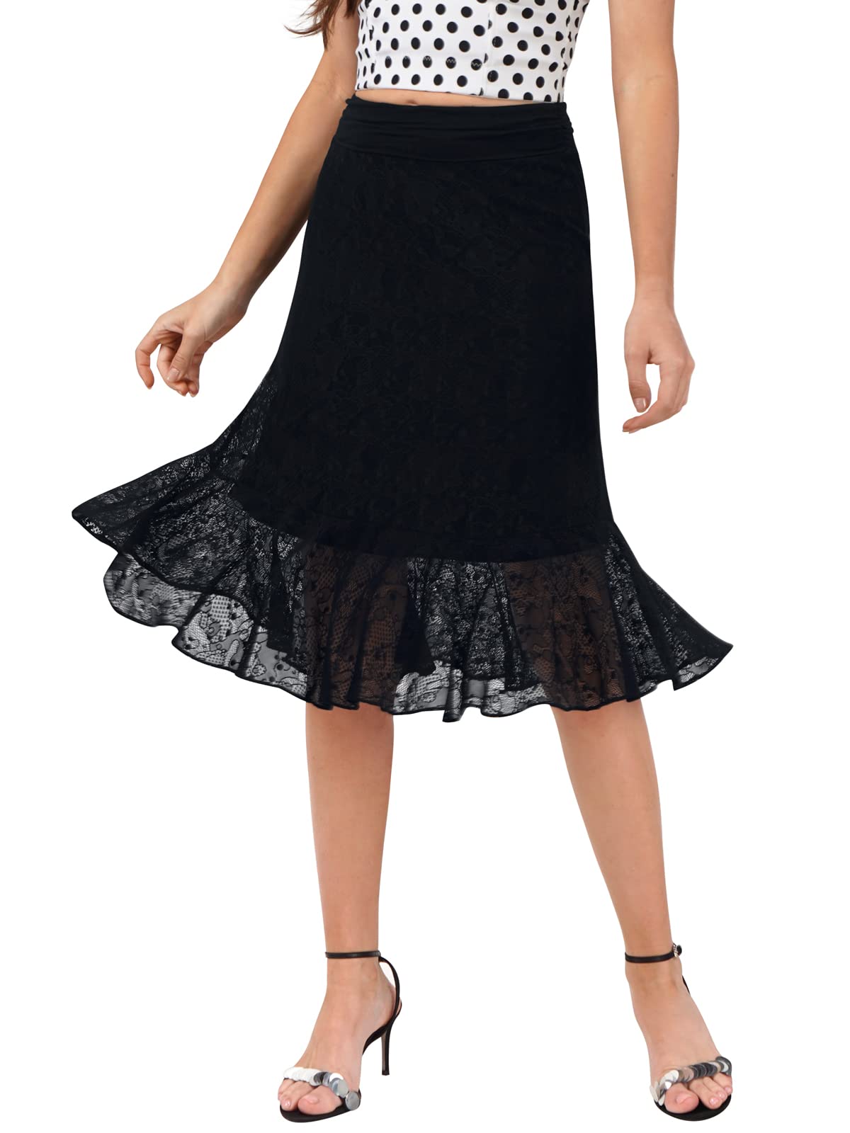BAISHENGGT Solid Black Womens Summer High Waisted Ruched Mesh Skirt Floral Layers Ruffled Hem Flowy Swing Midi Skirts
