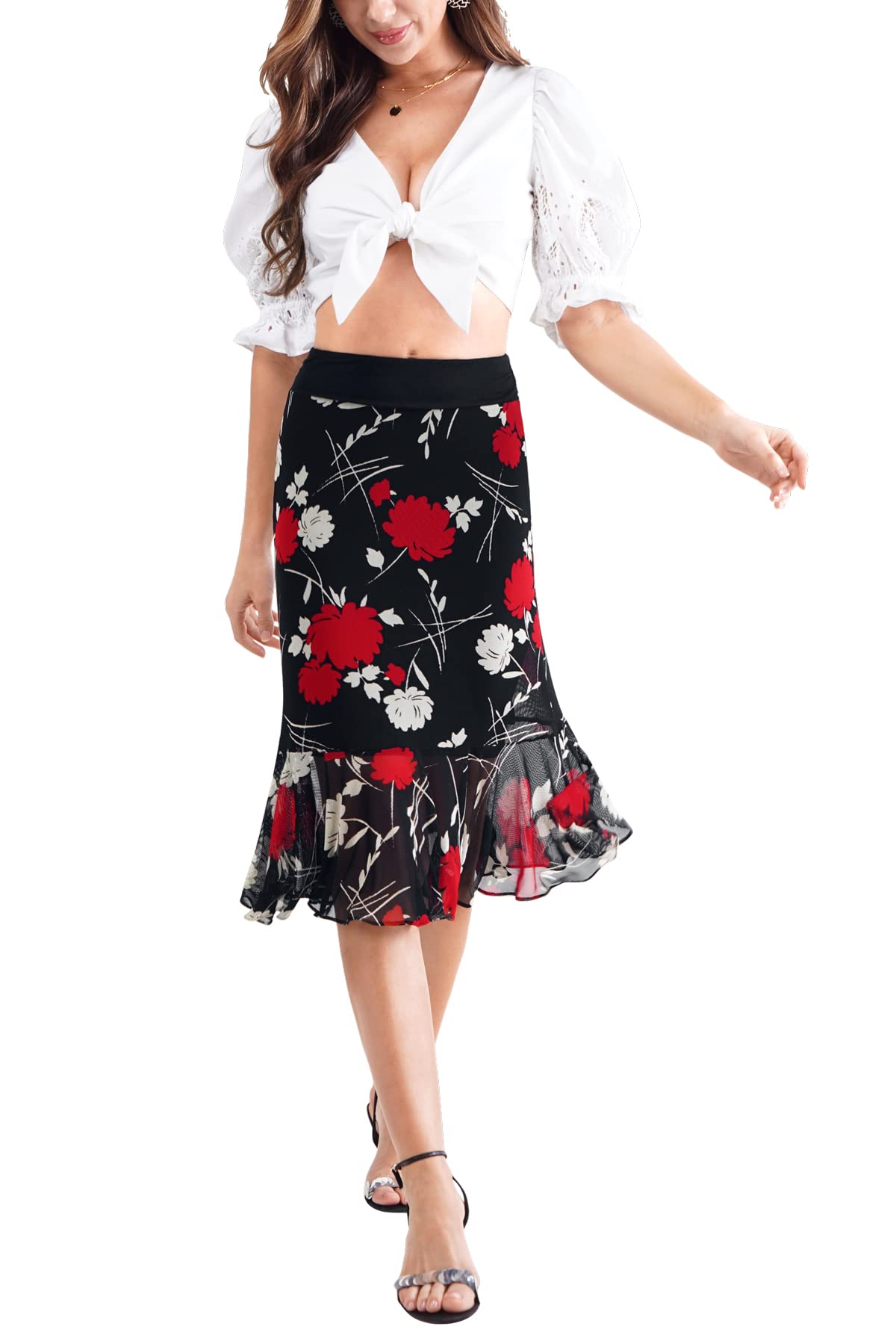 BAISHENGGT Black Womens Summer High Waisted Ruched Mesh Skirt Floral Layers Ruffled Hem Flowy Swing Midi Skirts