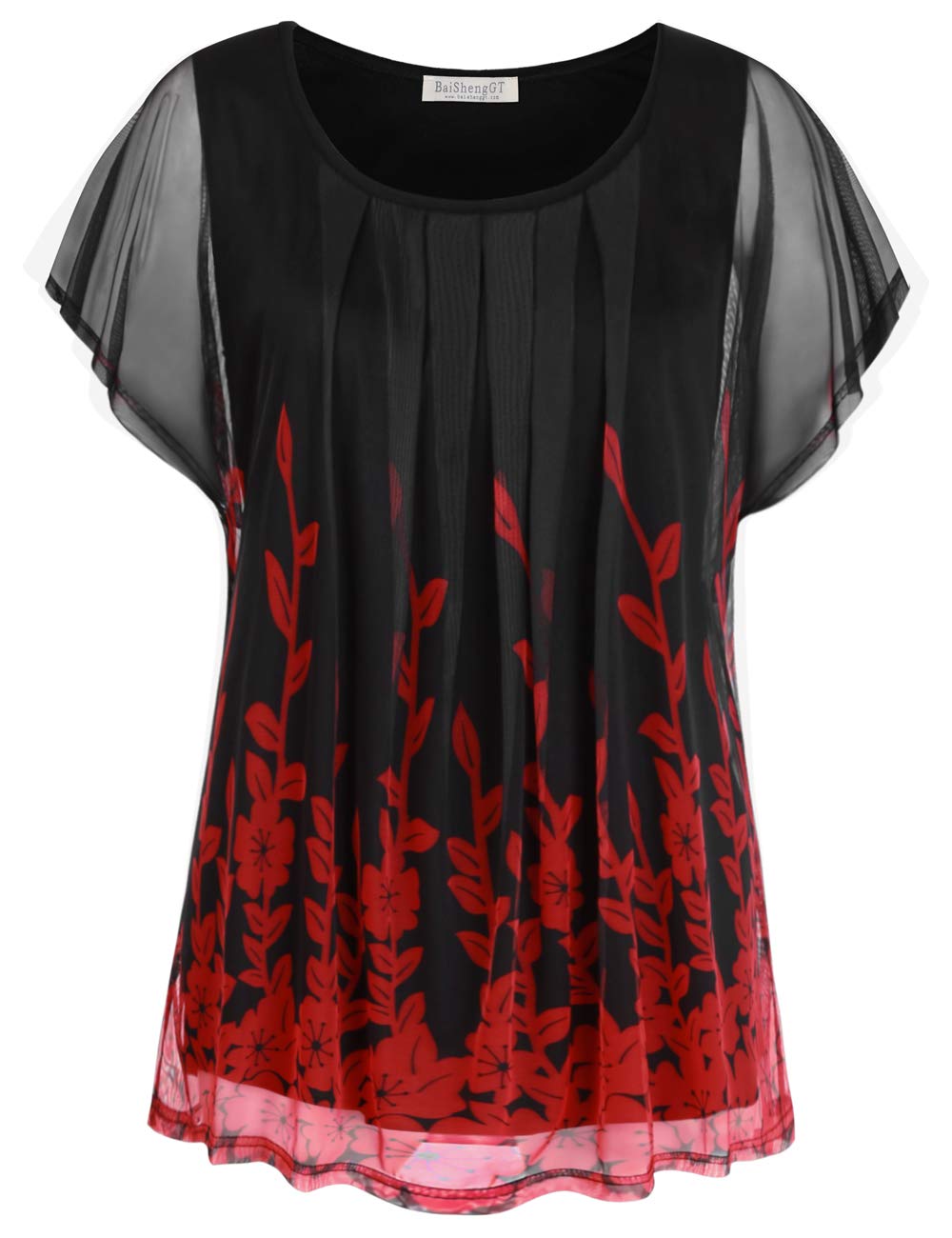 BAISHENGGT Womens Red Floral Flouncing Flared Short Sleeve Pleated Front Mesh Blouses Tops