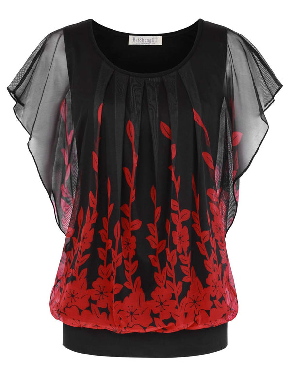 BAISHENGGT Red Floral Women's Printed Flouncing Flared Short Sleeve Mesh Blouse Tops