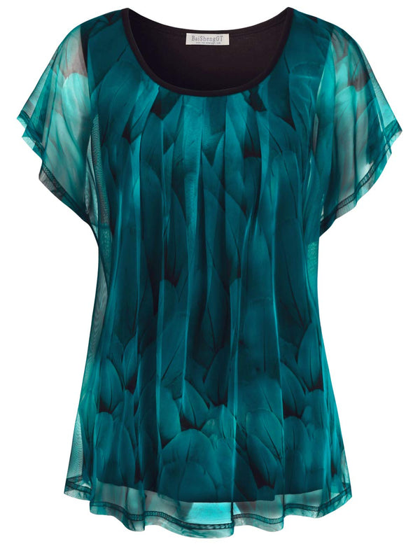BAISHENGGT Peacock Blue Womens Flouncing Flared Short Sleeve Pleated Front Mesh Blouses Tops