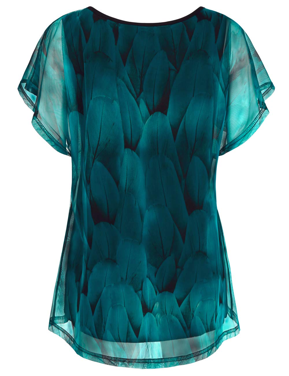 BAISHENGGT Peacock Blue Womens Flouncing Flared Short Sleeve Pleated Front Mesh Blouses Tops