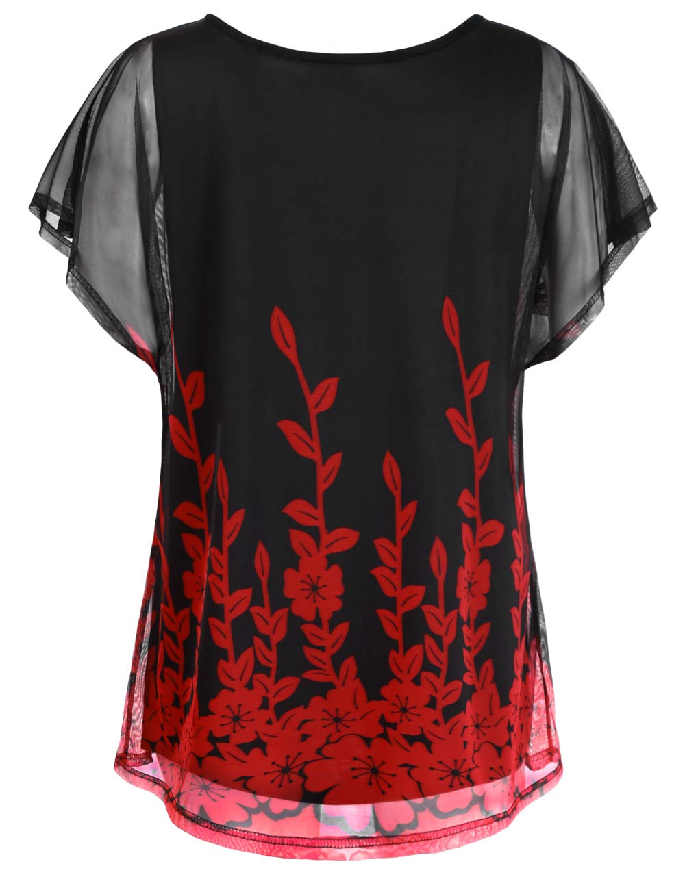 BAISHENGGT Womens Red Floral Flouncing Flared Short Sleeve Pleated Front Mesh Blouses Tops
