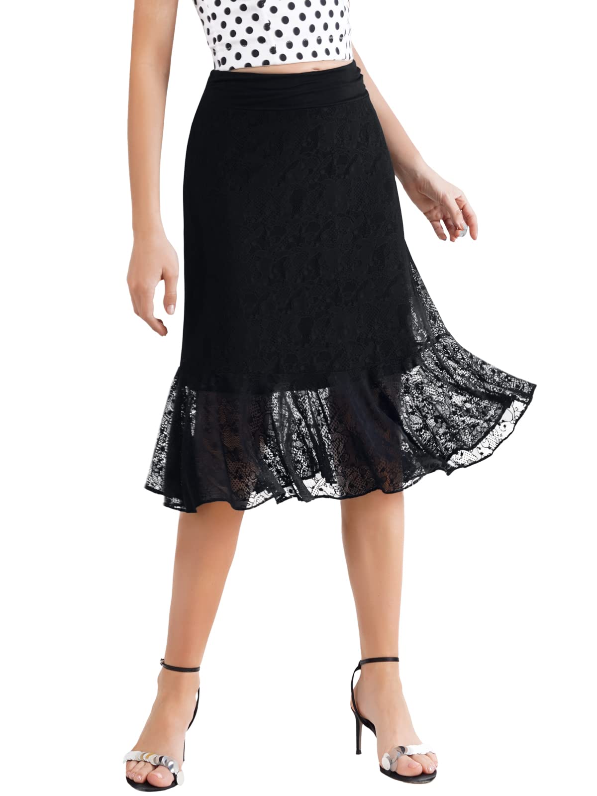 BAISHENGGT Solid Black Womens Summer High Waisted Ruched Mesh Skirt Floral Layers Ruffled Hem Flowy Swing Midi Skirts