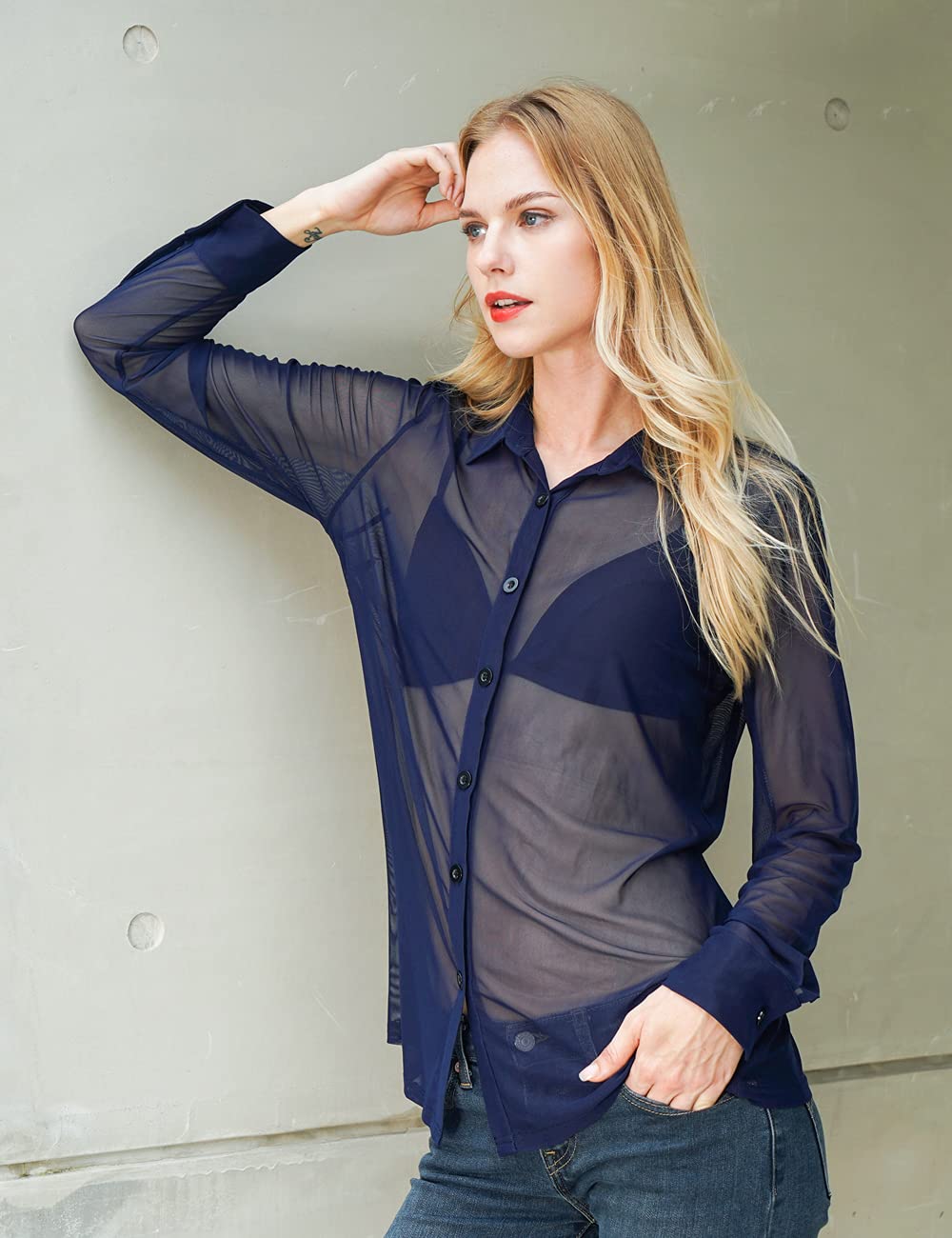 BAISHENGGT Navy Blue Womens Sexy Mesh Sheer Tops Long Sleeve Button Down Shirts Blouses