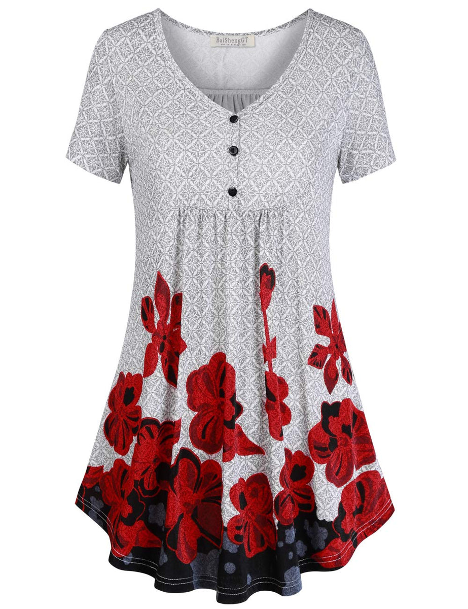 BAISHENGGT White Red Floral Women's V Neck Buttons Pleated Flared Comf