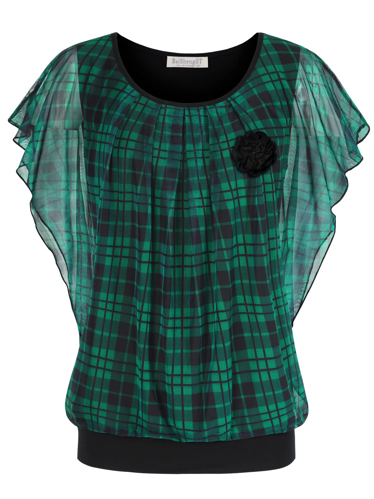 BAISHENGGT Green Plaid Detachable Corsage Women's Printed Flouncing Flared Short Sleeve Mesh Blouse Tops
