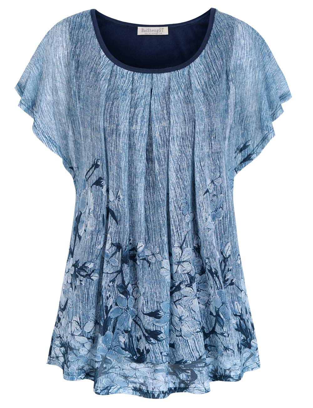 BAISHENGGT Blue Floral Womens Flouncing Flared Short Sleeve Pleated Front Mesh Blouses Tops
