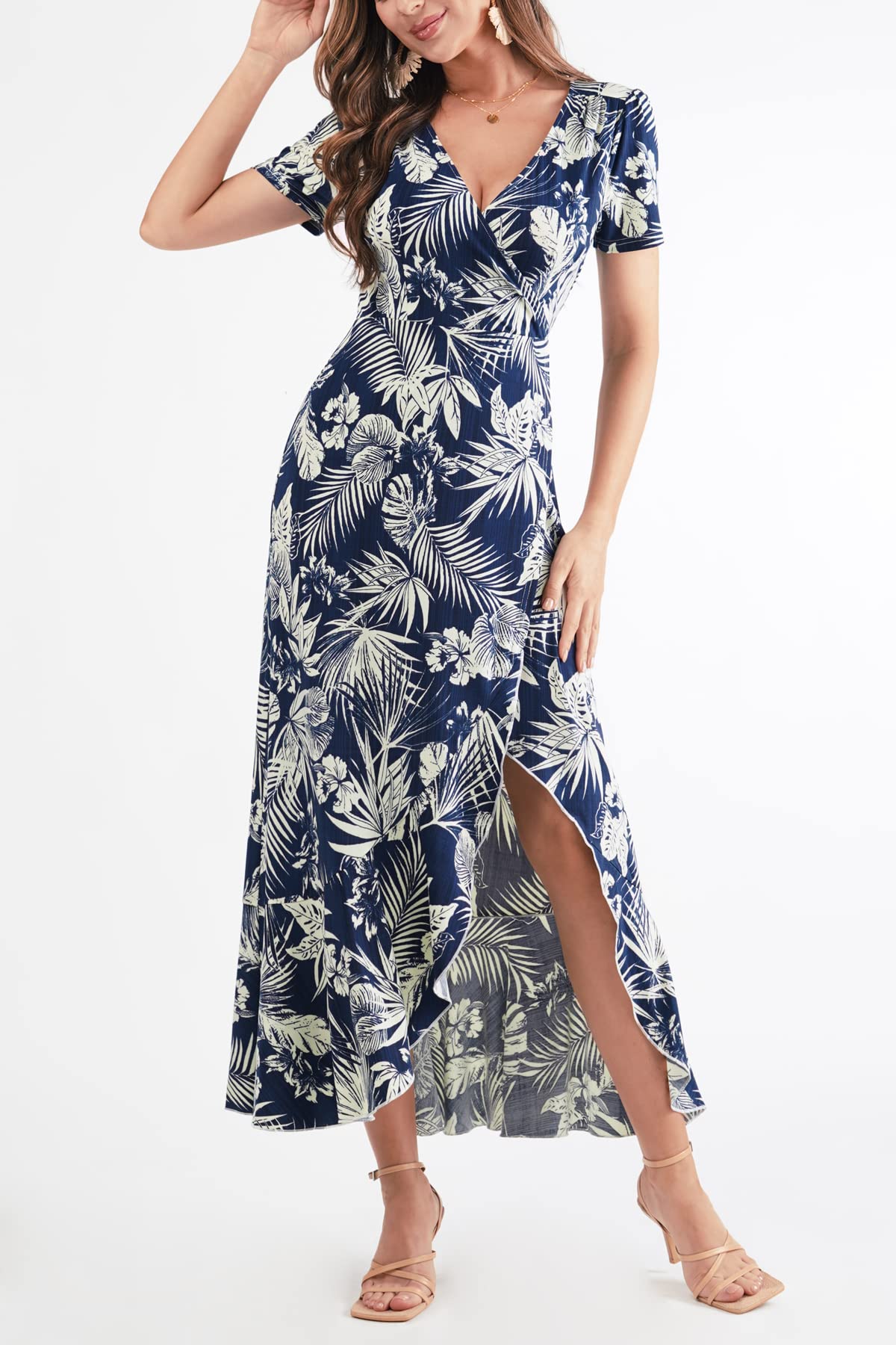 BAISHENGGT Womens Summer Short Sleeve Wrap V Neck Dress Blue Tropical Floral Print Ruffle Hem Bohemian Flowy Long Maxi Dresses