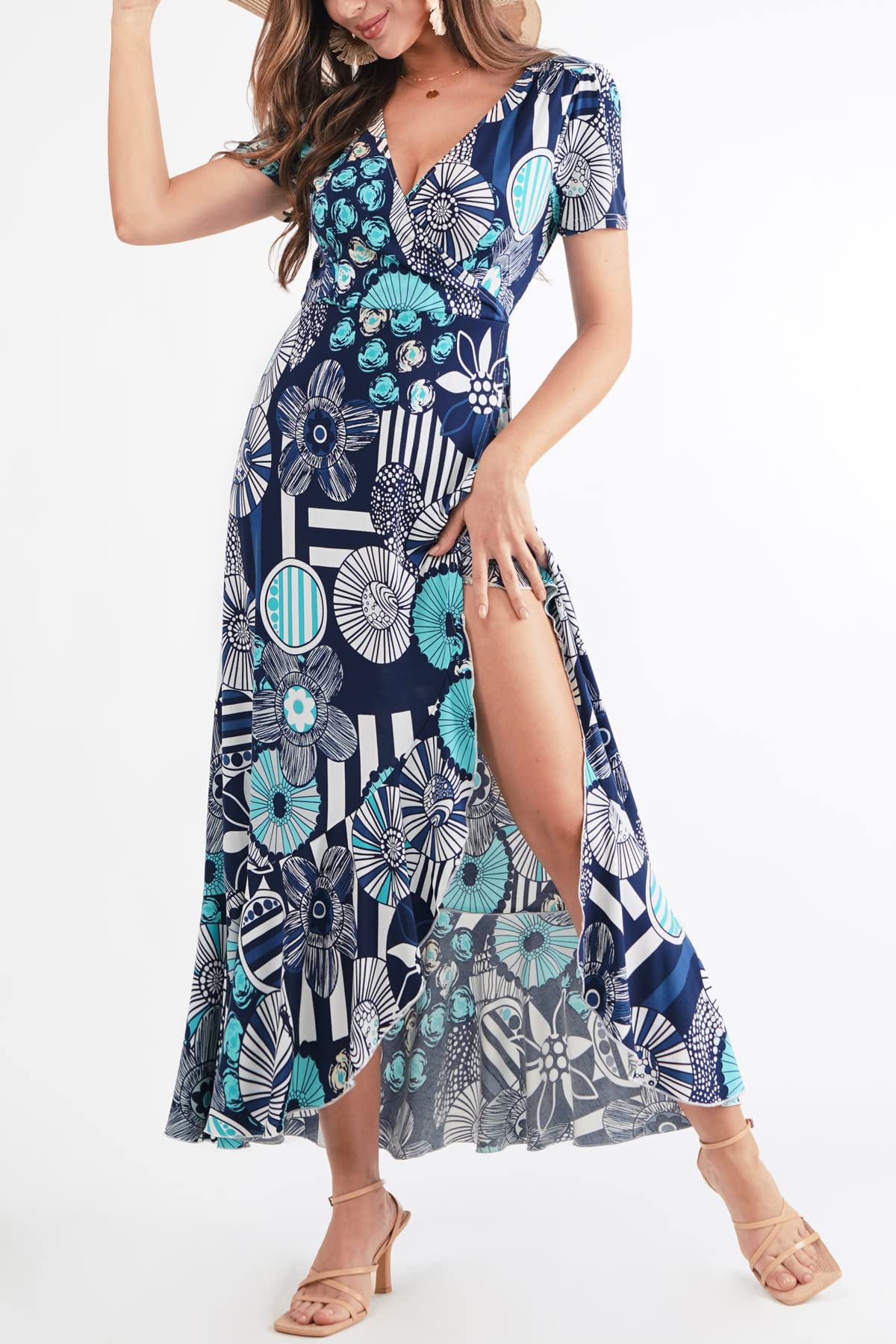 BAISHENGGT Womens Summer Short Sleeve Wrap V Neck Dress Blue Floral Print Ruffle Hem Bohemian Flowy Long Maxi Dresses