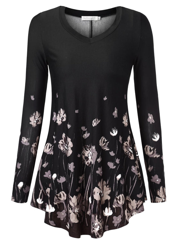 BAISHENGGT Black Floral Women's Long Sleeve Loose Flared Tunic Tops