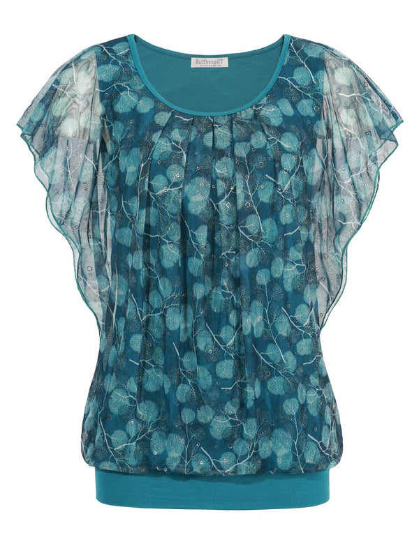 BAISHENGGT Turquoise Leaves Printed Women's Printed Flouncing Flared Short Sleeve Mesh Blouse Tops