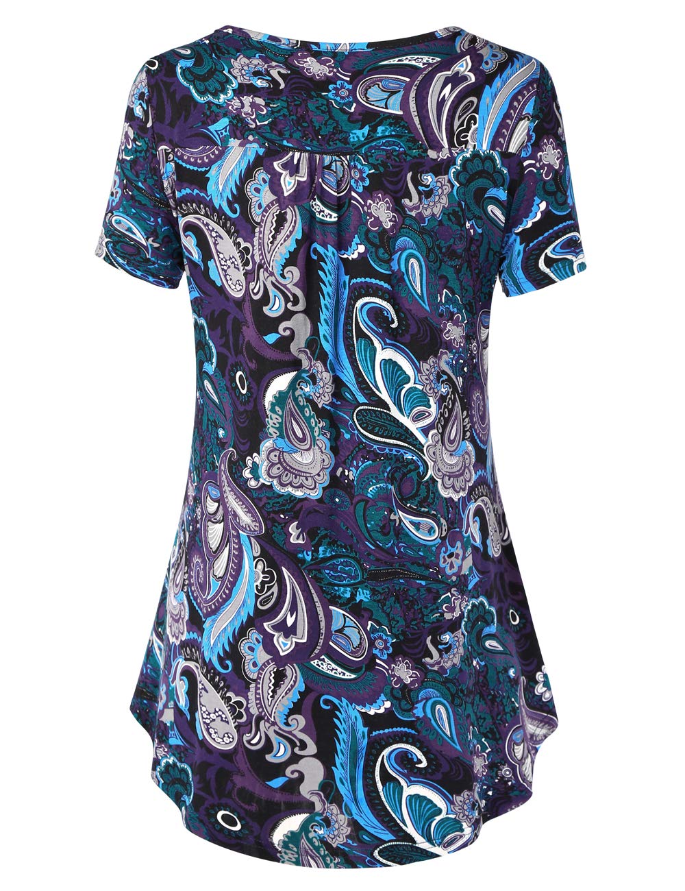 BAISHENGGT Purple Paisley Women's V Neck Buttons Pleated Flared Comfy Tunic Tops