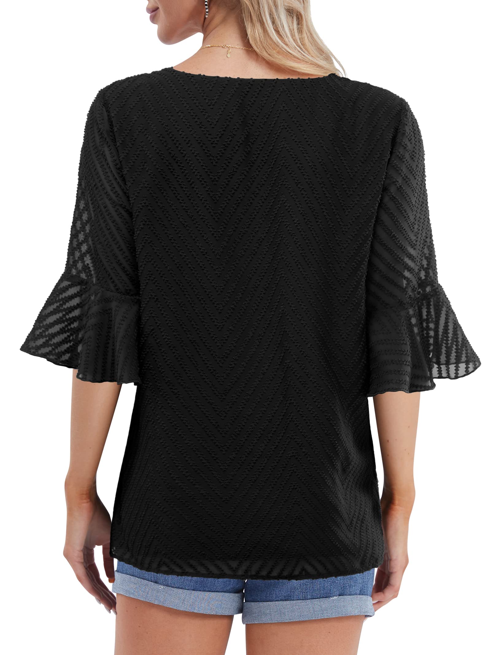 BAISHENGGT Black  Chiffon Women's Summer Casual V Neck Ruffle Bell Sleeve Blouse Tops Loose Comfy T Shirt