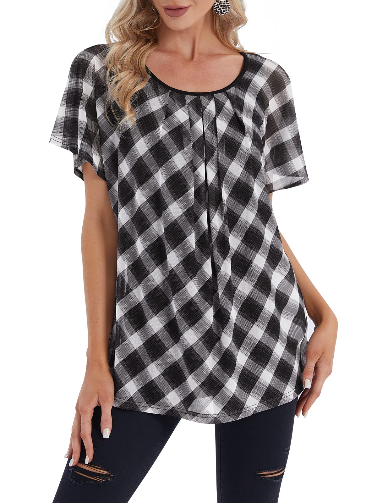 BAISHENGGT Womens Plaid Flouncing Flared Short Sleeve Pleated Front Mesh Blouses Tops