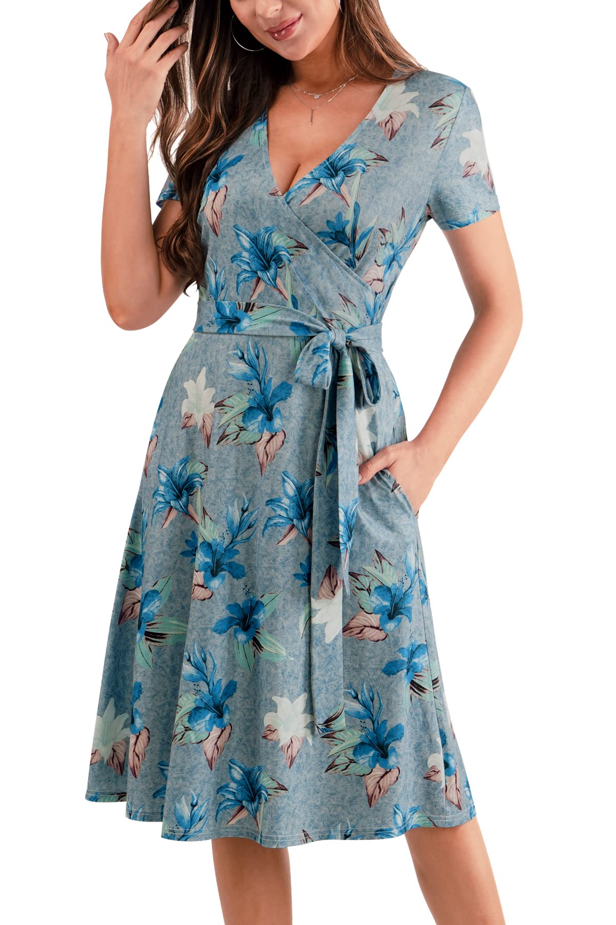 BAISHENGGT Blue Floral Women's Summer Short Sleeve Cross V Neck Casual Tie Waist Swing Beach Party Dress with Pockets