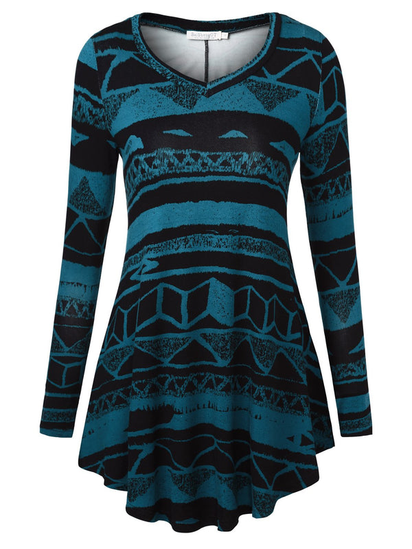 BAISHENGGT Blue Tribal Women's Long Sleeve Loose Flared Tunic Tops