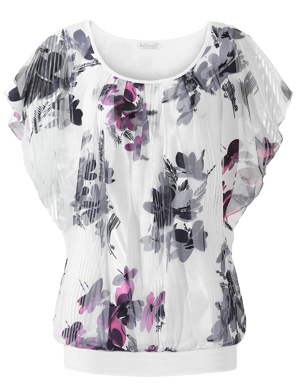 BAISHENGGT White Floral Printed Women's Printed Flouncing Flared Short Sleeve Mesh Blouse Tops