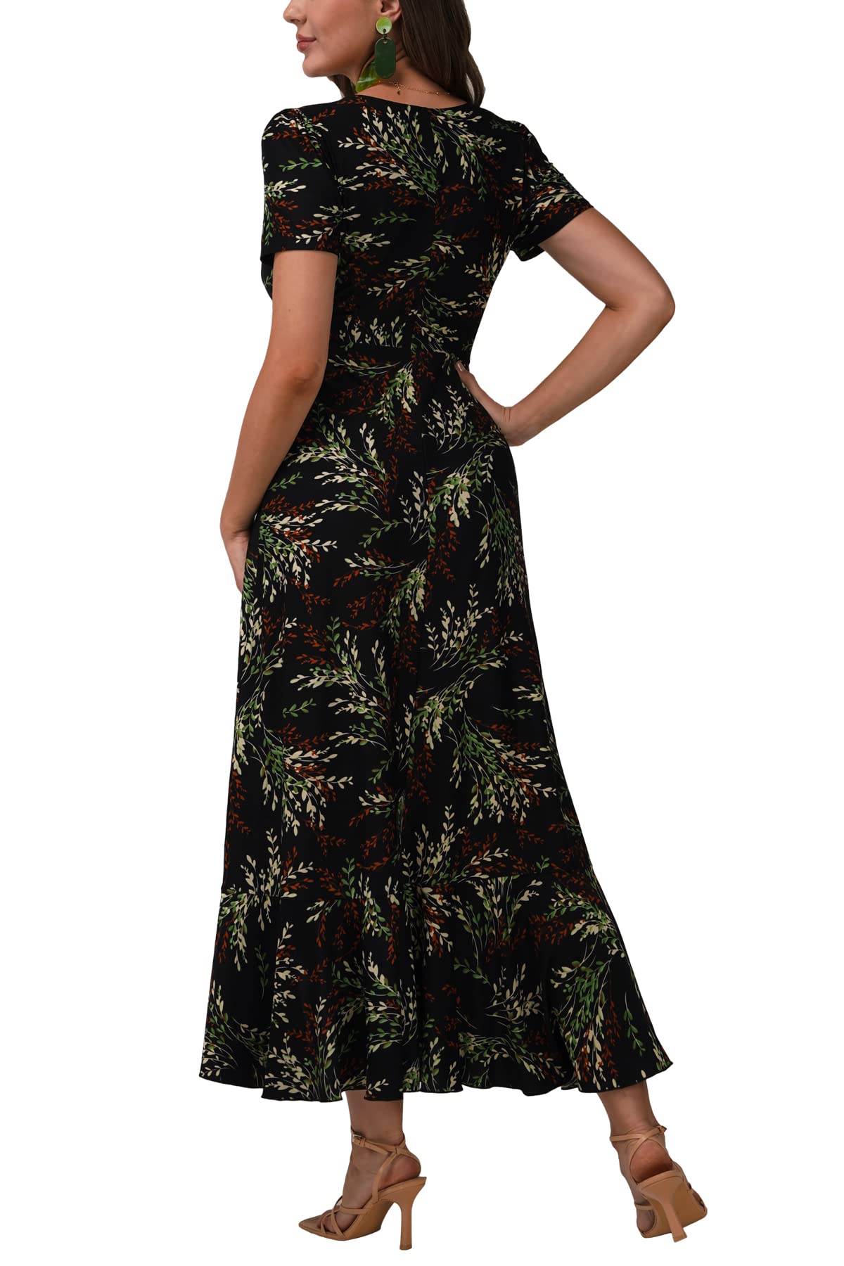 BAISHENGGT Womens Summer Short Sleeve Wrap V Neck Dress Black Floral Print Ruffle Hem Bohemian Flowy Long Maxi Dresses