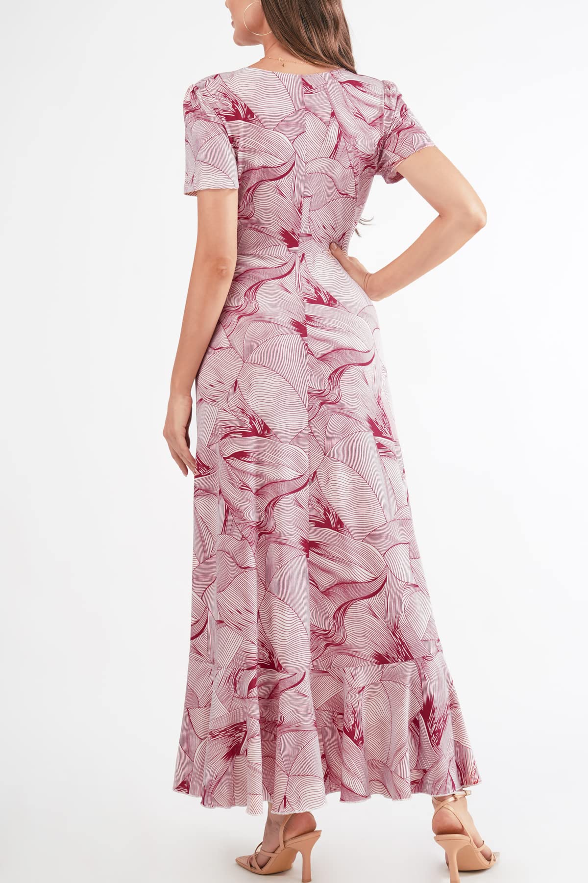 BAISHENGGT Womens Summer Short Sleeve Wrap V Neck Dress Pink Floral Print Ruffle Hem Bohemian Flowy Long Maxi Dresses