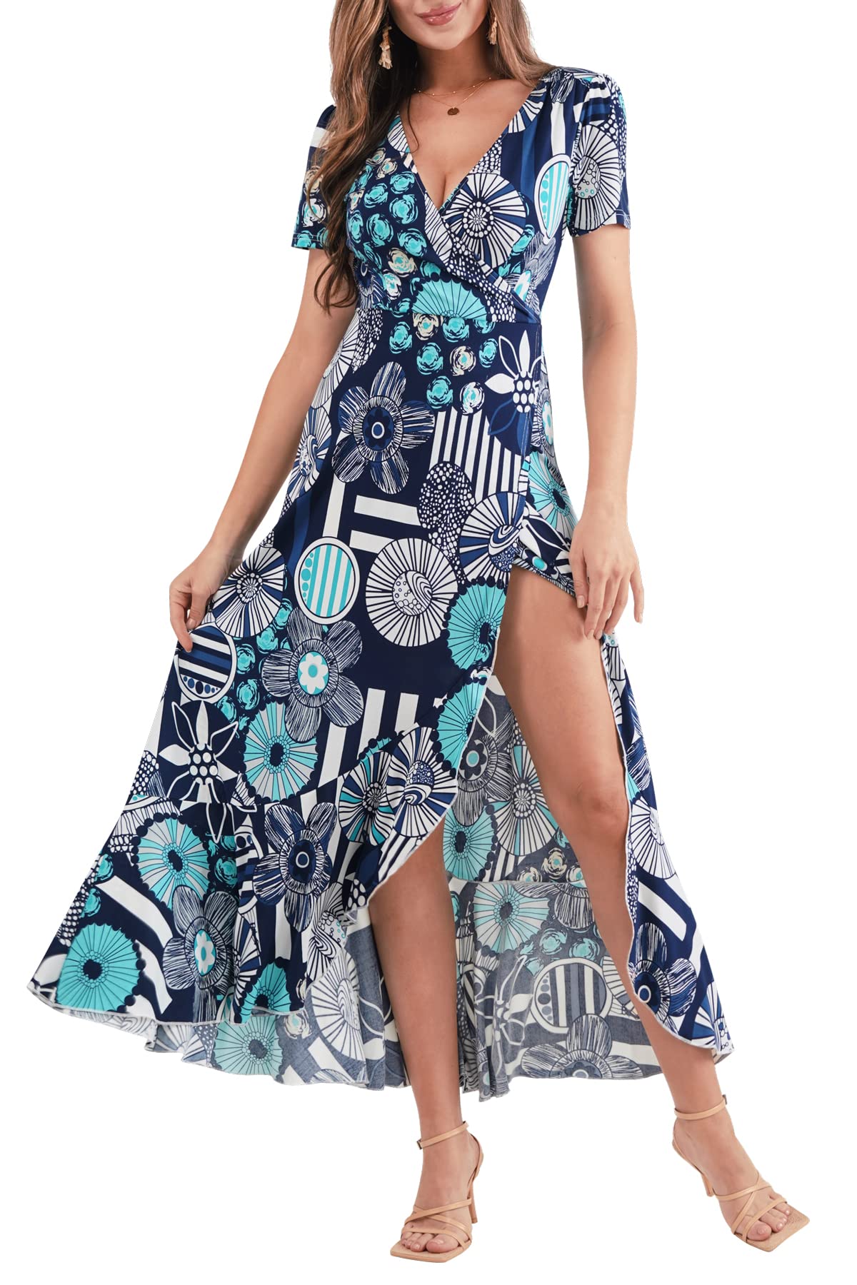 BAISHENGGT Womens Summer Short Sleeve Wrap V Neck Dress Blue Floral Print Ruffle Hem Bohemian Flowy Long Maxi Dresses