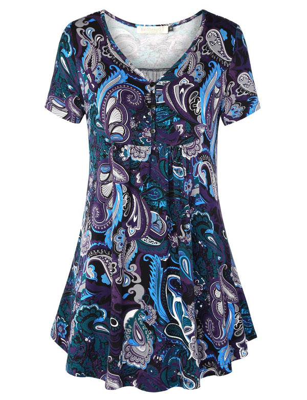 BAISHENGGT Purple Paisley Women's V Neck Buttons Pleated Flared Comfy Tunic Tops