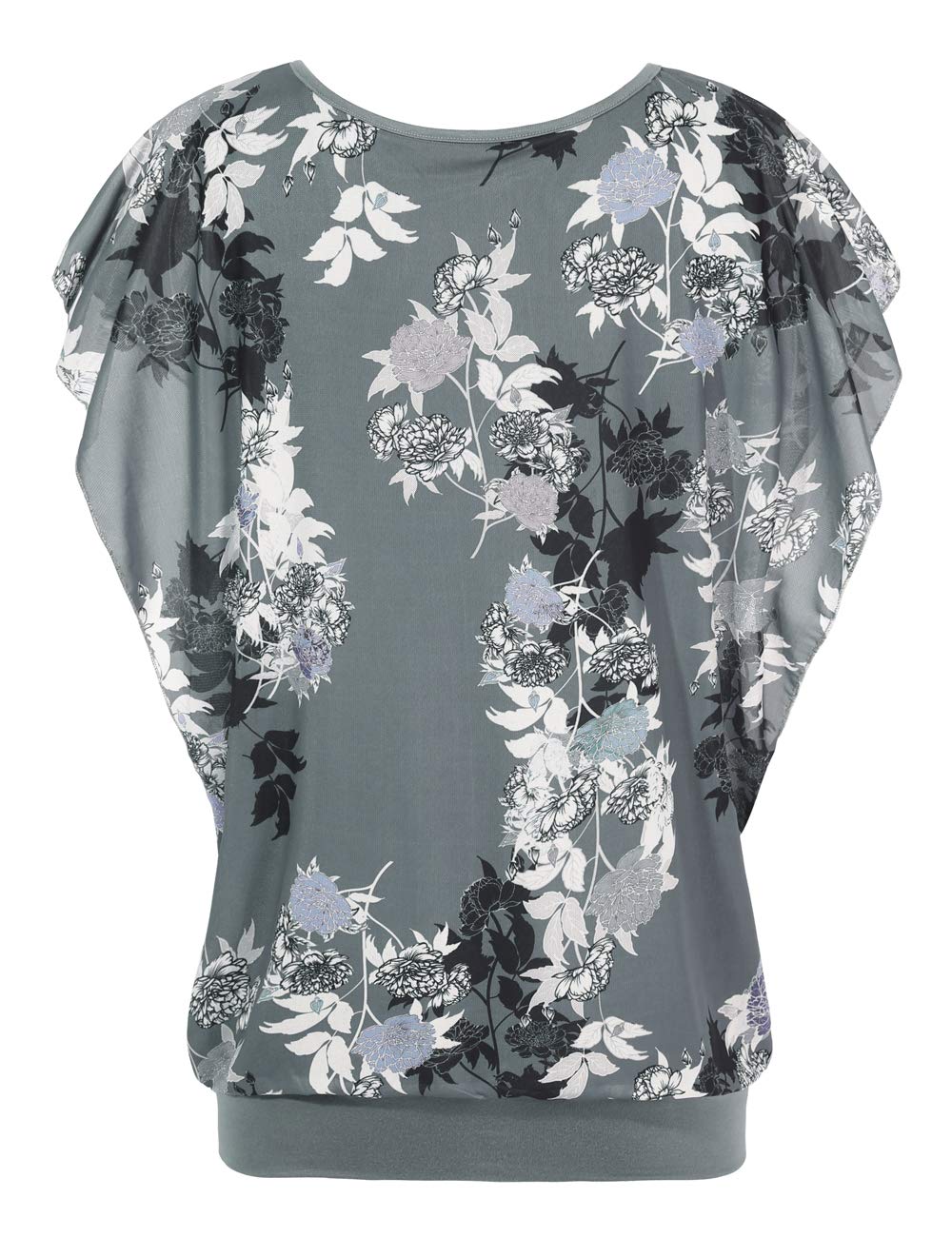 BAISHENGGT Grey Floral Women's Printed Flouncing Flared Short Sleeve Mesh Blouse Tops