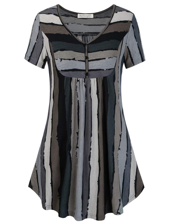 BAISHENGGT Grey Stripes Women's V Neck Buttons Pleated Flared Comfy Tunic Tops
