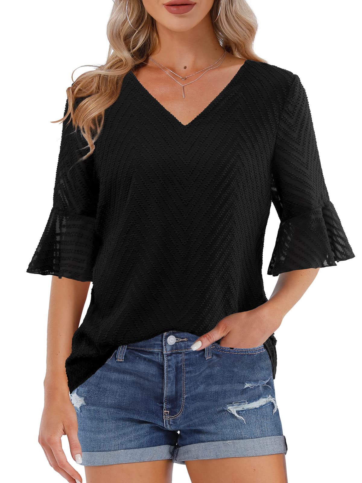 BAISHENGGT Black  Chiffon Women's Summer Casual V Neck Ruffle Bell Sleeve Blouse Tops Loose Comfy T Shirt