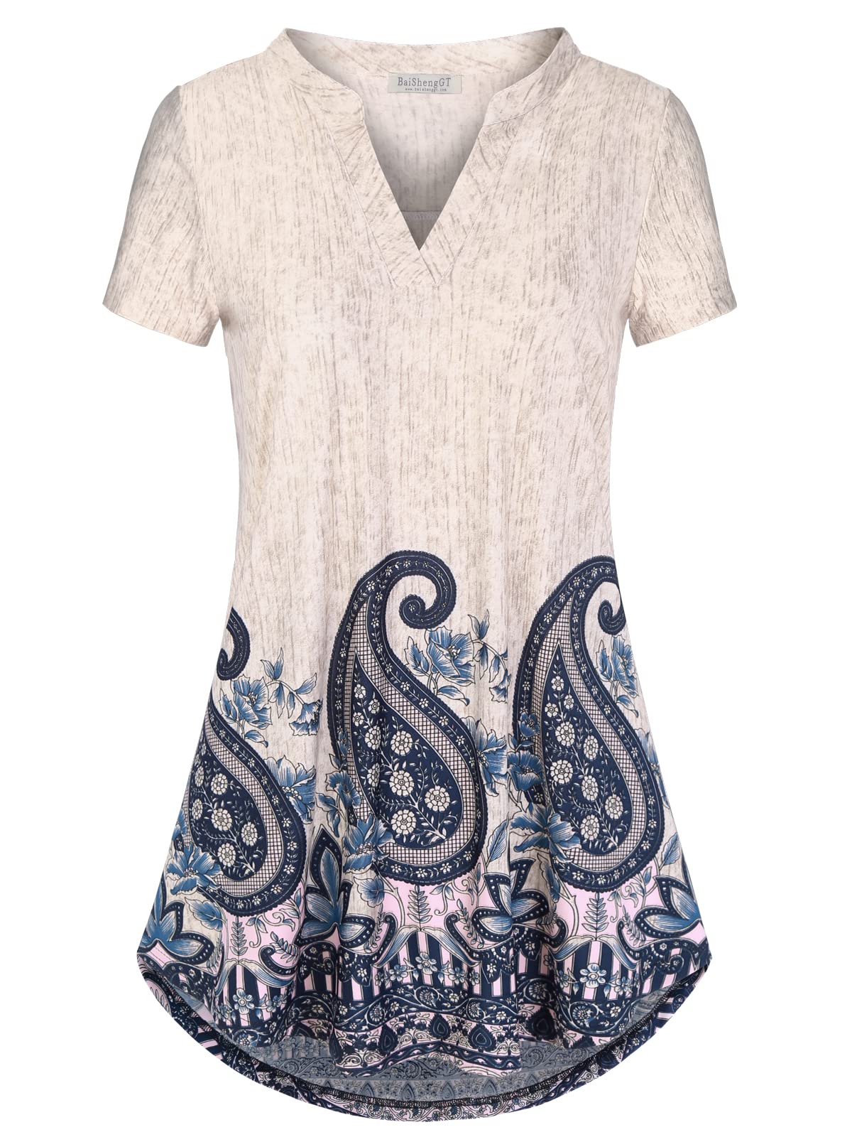 BAISHENGGT Womens Short Sleeve-aprioct Paisley Floral Printed Notch V Neck Blouses Tunics Tops