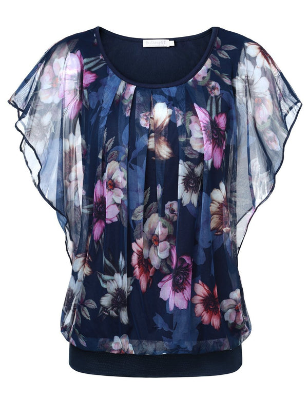 BAISHENGGT Navy Floral Women's Printed Flouncing Flared Short Sleeve Mesh Blouse Tops