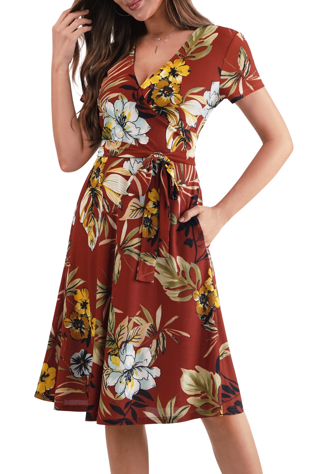 BAISHENGGT Maroon Floral Women's Summer Short Sleeve Cross V Neck Casual Tie Waist Swing Beach Party Dress with Pockets