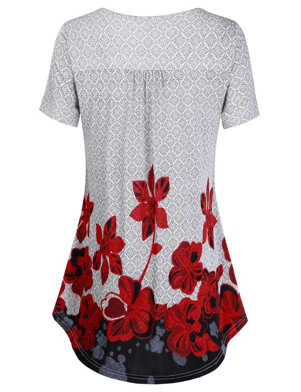 BAISHENGGT White Red Floral Women's V Neck Buttons Pleated Flared Comfy Tunic Tops