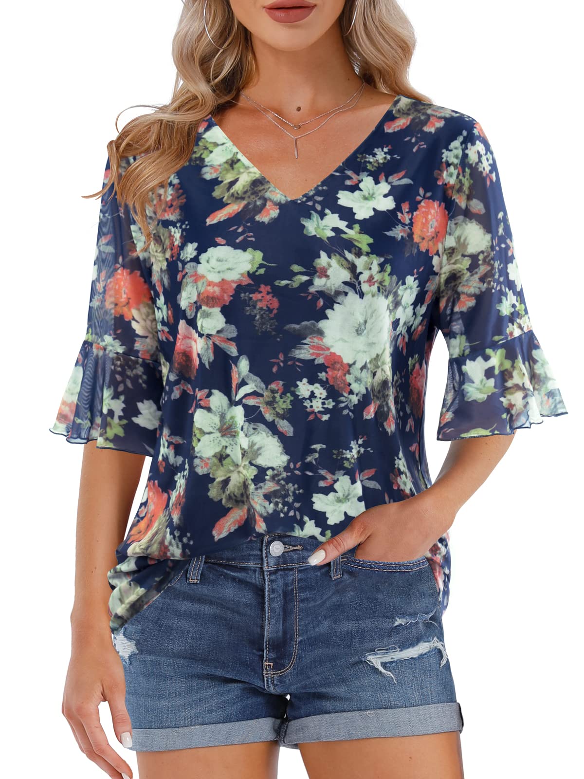 BAISHENGGT Blue Floral Women's Summer Casual V Neck Ruffle Bell Sleeve Blouse Tops Loose Comfy T Shirt