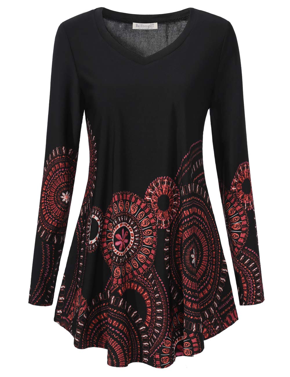 BAISHENGGT Red Circle Floral Women's Long Sleeve Tunic Tops for Leggin